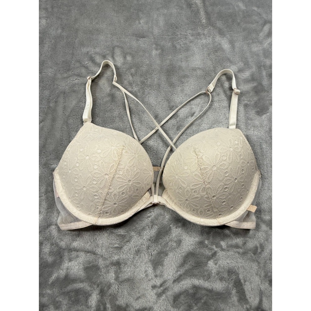 Victoria's Secret Cream Floral Lace Front Close Push-Up Bra Strappy Back 34C